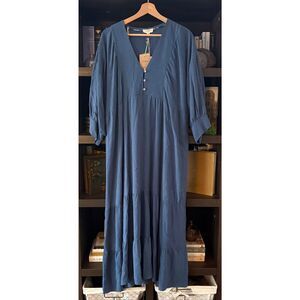 NWT Umgee Steel Blue Linen Blend Midi Length Dress Size Medium